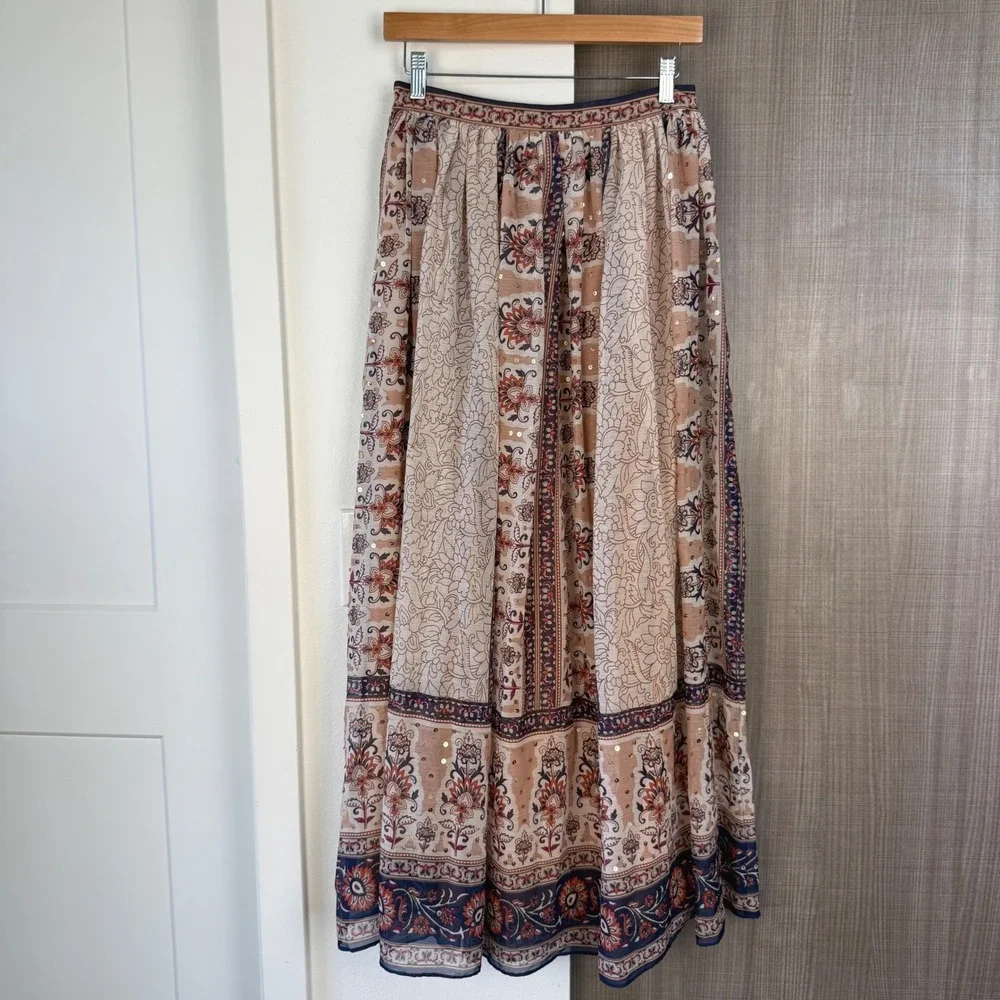 Anthropologie Let Me Be Embroidered Maxi Skirt Beaded Boho Ethereal Size Small